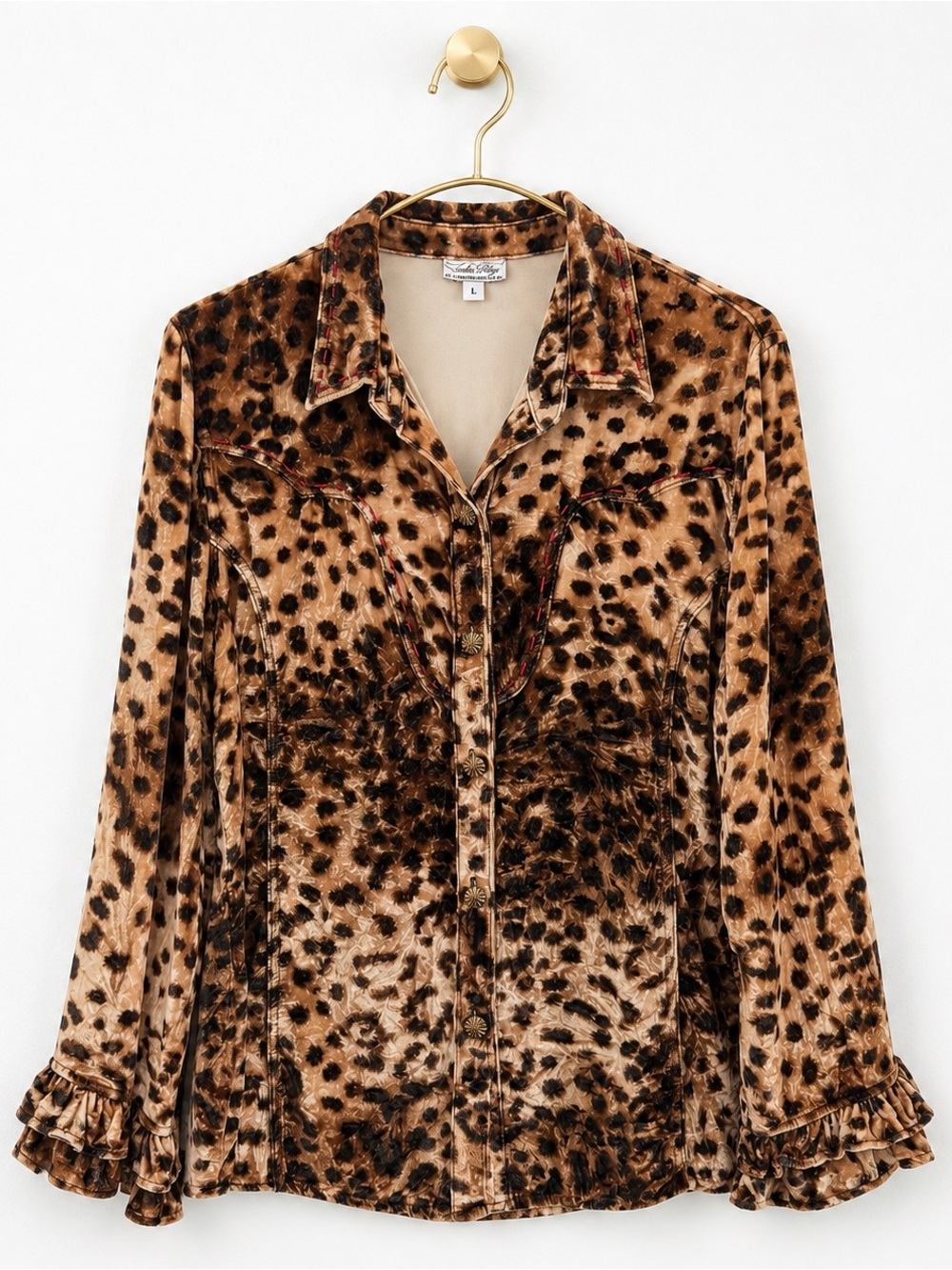 TASHA POLIZZI T.P. SADDLEBLANKET & CO. ANIMAL PRINT VELVET WESTERN WEAR TOP SZ L